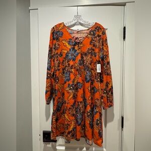 Old Navy Orange Floral Lace-Up Long Sleeve Maxi Dress